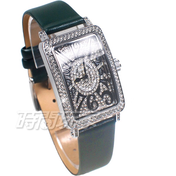 香港古歐 GUOU 閃耀時尚腕錶 滿鑽數字錶 長方型 真皮皮革錶帶 銀x綠 G8201銀綠【時間玩家】