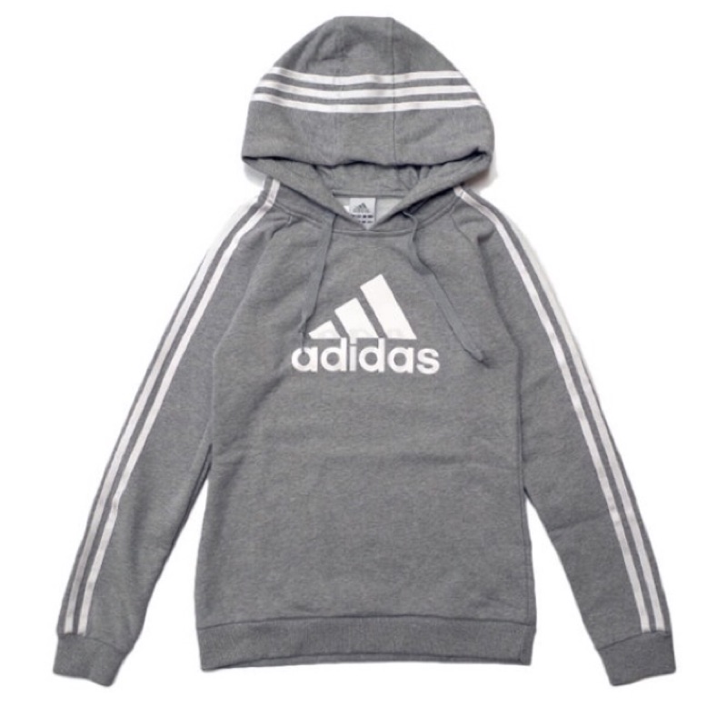 adidas Logo Hoodie 女 灰 白 Tee 長袖連帽T桖大學T毛圈棉 Fleece 衛衣帽T AZ4845