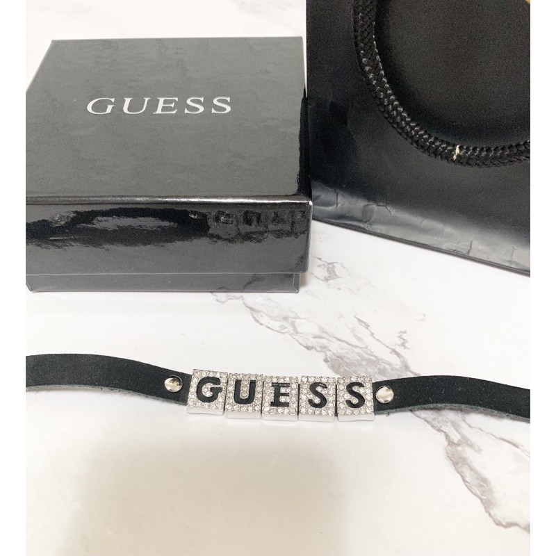 二手 正品 Guess 亮鑽英文LOGO皮手鍊 皮手環 水鑽造型 guess手環 GUESS手鍊