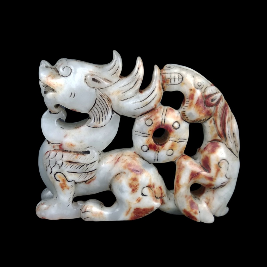 《博古珍藏》天然和闐白玉雕母子獸把玩．142公克．早期收藏．老件文物．微沁．行家勿錯過．超值回饋