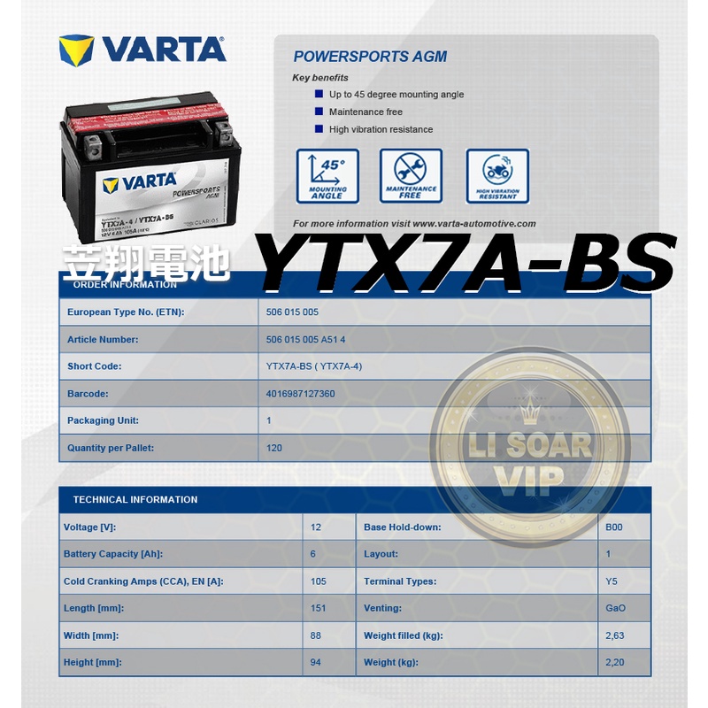 ☼台中苙翔電池►德國 VARTA 機車電池 ( YTX7A-BS ) GTX7A-BS KTX7A-BS MG7A-BS