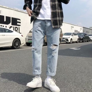牛仔褲男港風新款潮牌破洞修身韓版潮流九分褲寬鬆休閑淺色小腳褲 牛仔褲 長褲（GY9028）【壹號站】