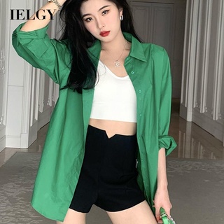 IELGY 女裝韓版復古綠色長袖襯衫