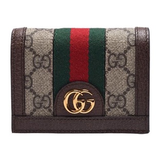 正品【GUCCI】古馳經典Ophidia GG 印花帆布牛皮飾邊暗釦短夾 對折短夾 經典 復古 皮夾523155