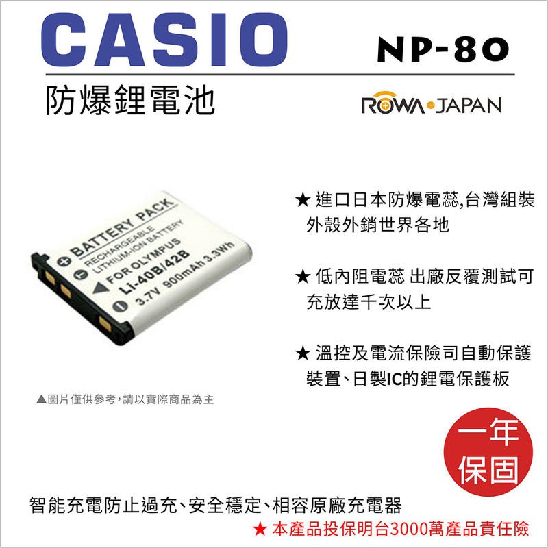【聯合小熊】ROWA for Casio NP-80 NP80 NP-82 電池 充電器 EX-G1 EX-N10