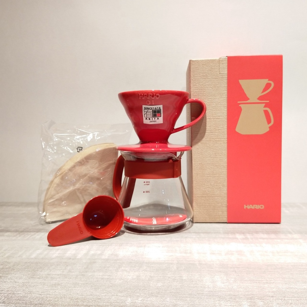 (現貨附發票) 瓦莎咖啡 泰摩 細口手沖壺700ml &amp; HARIO紅色01陶瓷濾杯壺組 &amp; 咖啡豆半磅