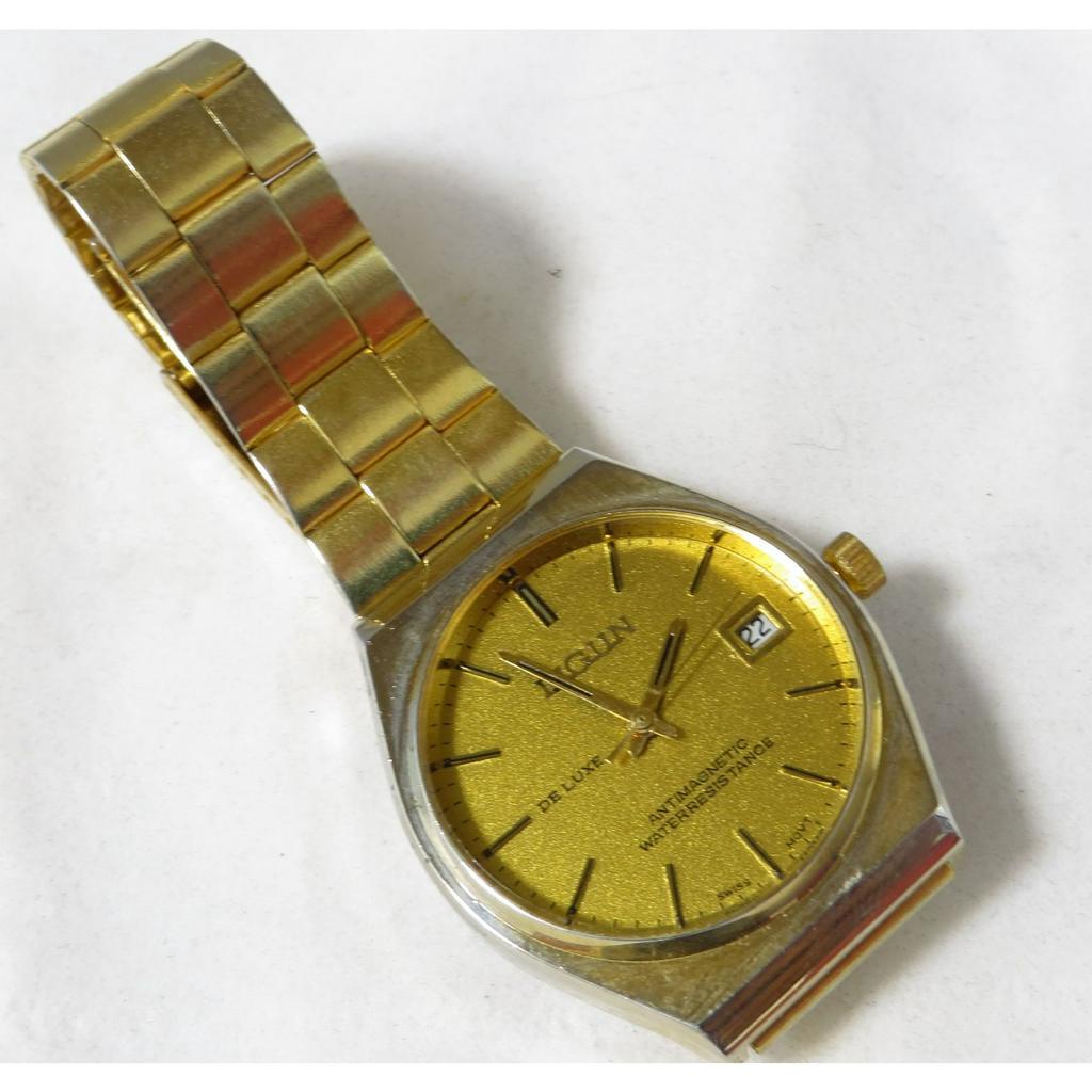 ੈ✿ LIGUN 機械錶 手動上鏈 瑞士機械機芯 金色全鋼錶款 大三針 日期顯示 功能完全正常 走時準確 值得玩賞