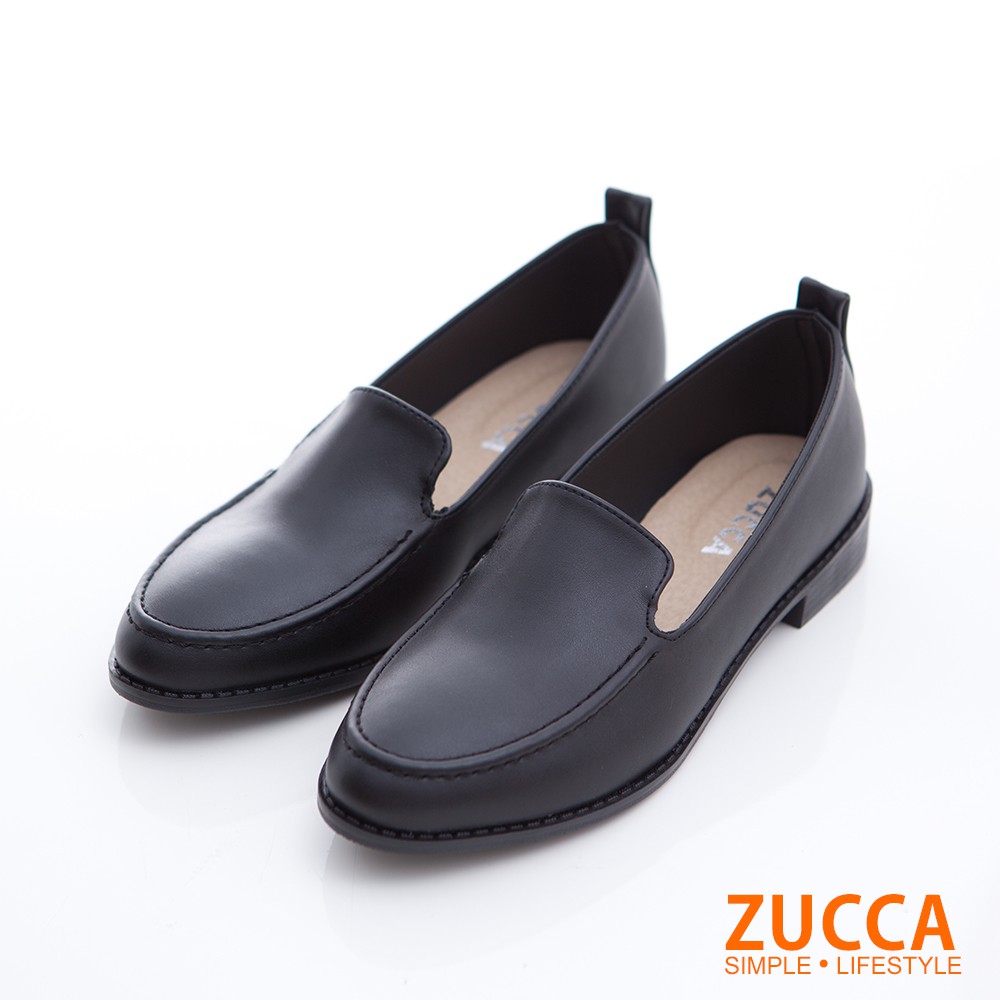 【ZUCCA】圓方皮革素面平底鞋-z6802bk-黑