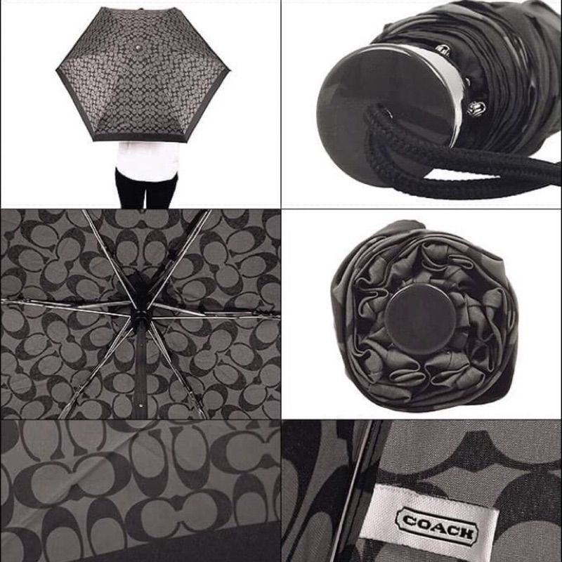 美國購入 COACH灰底黑C Logo黑邊 輕量攜帶型雨傘 輕便 小型 攜帶