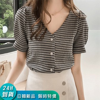 韓版小清新襯衫 臺灣現貨 氣質 格子 短款 寬鬆 大尺碼上衣 M-4XL