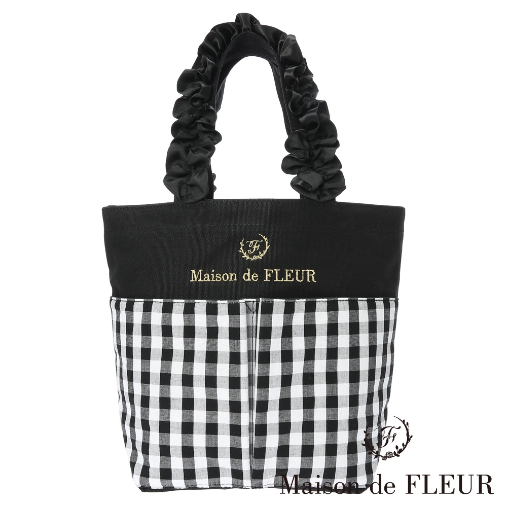 Maison de FLEUR 格紋系列前袋荷葉捲邊帆布托特包【S】(8A22F0J3400)