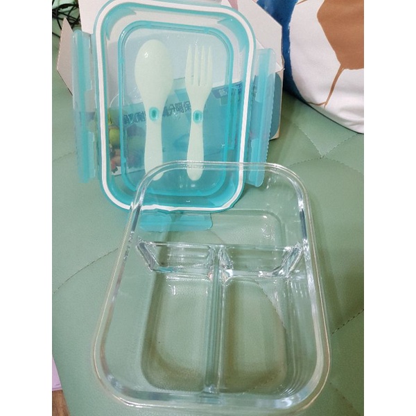 鍋寶 耐熱玻璃三格保鮮盒 耐熱玻璃分隔保鮮盒1070ml (附叉子、湯匙)