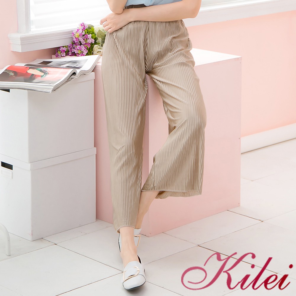 【Kilei】素色光滑百折長褲寬褲XA3739-01(自信卡其)全尺碼