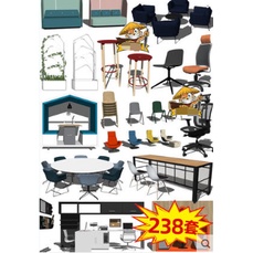 電子素材---現代北歐工業風辦公室空間工裝家具sketchup桌椅沙發茶水間SU模型