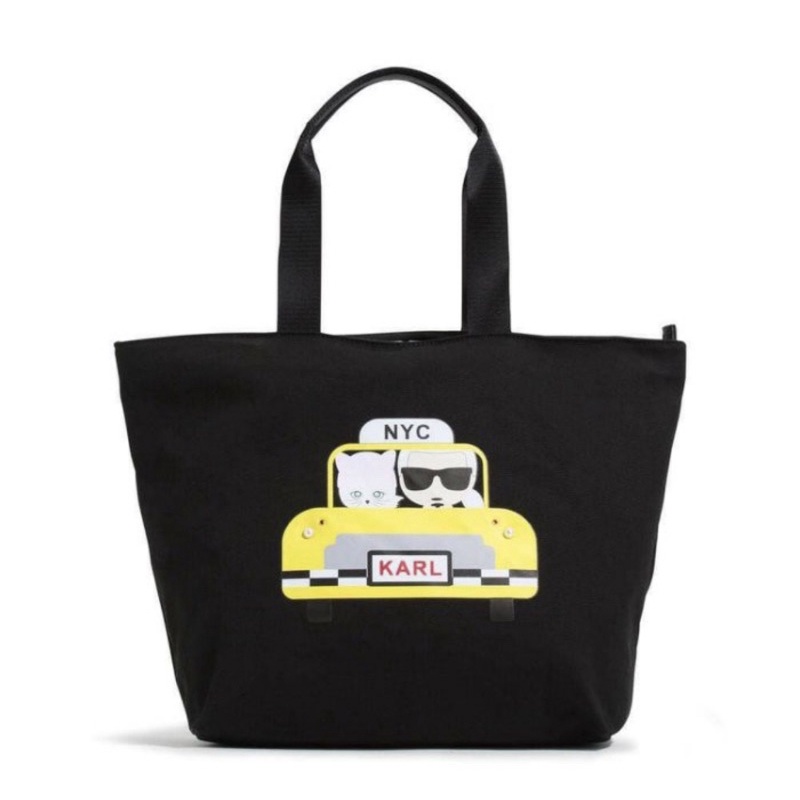 【KARL LAGERFELD 卡爾】老佛爺貓咪計程車厚帆布折疊大購物包(黑)卡爾計程車托特包 卡爾托特包