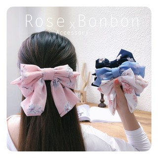 大蝴蝶結彈簧夾【Rose Bonbon】現貨韓國髮飾 正韓仙女碎花雪紡髮夾 手作布料馬尾夾 一字夾