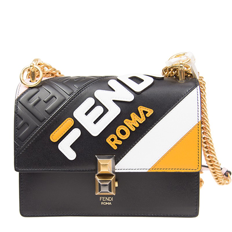 Fendi 8M0381 Fensi Mania 小款 Kan I滑動鍊帶小牛皮包 黑色/金色鏈帶