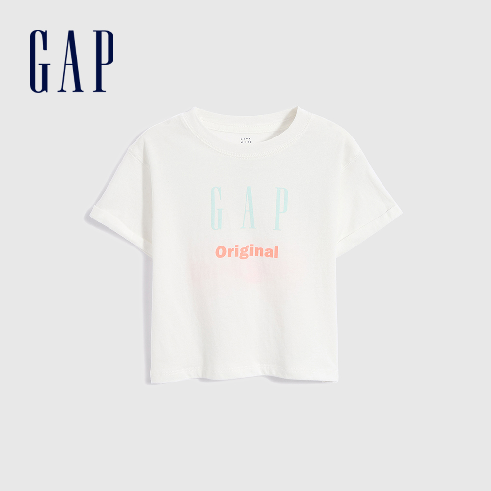 Gap 女幼童裝 Logo純棉紮染短袖T恤-白色(689339)