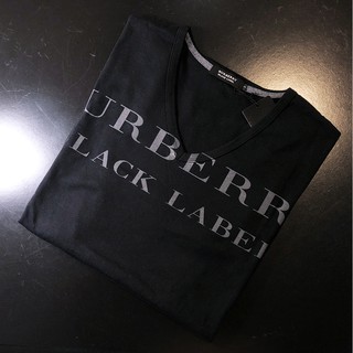 日本黑標新品．BURBERRY BLACK LABEL 日本製 V領 短袖T-SHIRT．短T．簡約大LOGO．黑色