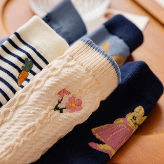 KAFU 復古刺繡兔子日係可愛卡通條紋女士中筒襪民族風花朵襪子女