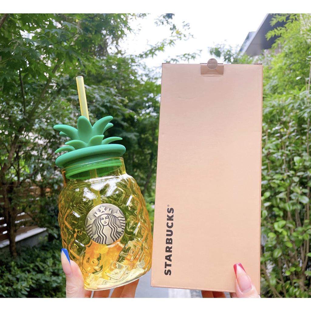Starbucks官方正品！星巴克杯子夏季繽紛叢林鳳梨造型玻璃吸管杯果汁奶昔奶茶珍奶牛奶咖啡杯帶立體矽膠蓋子575ml