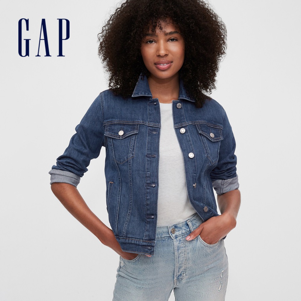 Gap 女裝 Logo簡約鈕釦牛仔外套-藍色(600567)