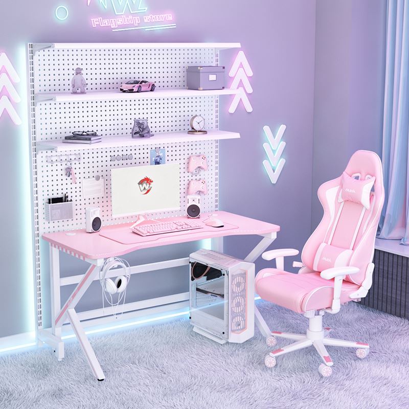 粉色電競桌椅套裝洞洞板組合電腦桌臺式女生家用書桌書架一體桌子