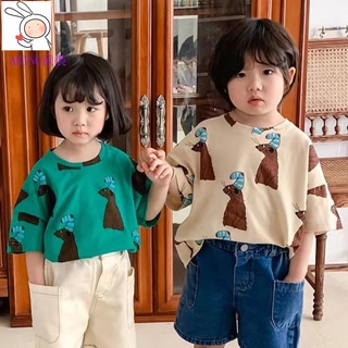 ABING童裝 韓版童裝 兒童短袖 童裝 兒童短袖T恤 純棉女童卡通寬鬆童裝夏季寬鬆上衣