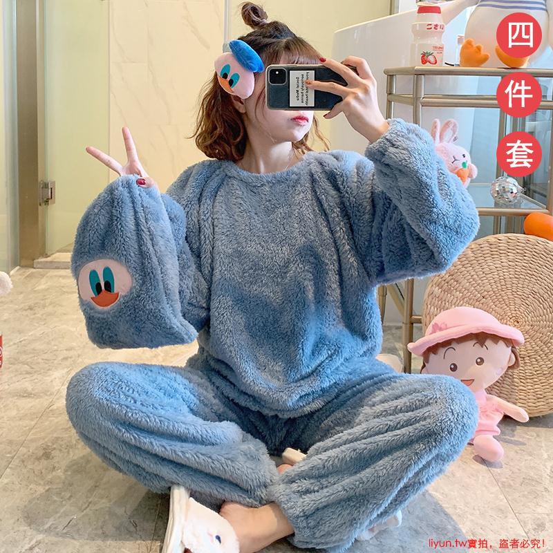 日系睡衣 珊瑚絨睡衣趣味鴨子少女秋冬加厚保暖長毛絨布袋四件套網紅家居服 蝦皮購物