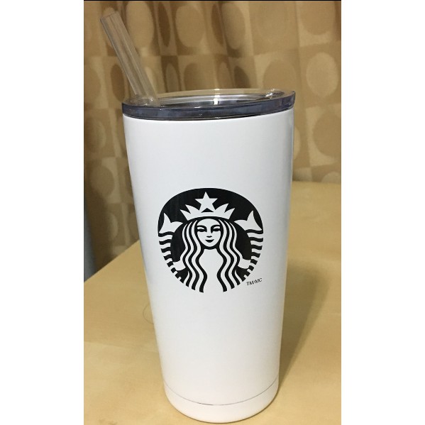 全新 保證正品 Starbucks 星巴克 白色不銹鋼杯 附「防拔設計」透明玻璃吸管 (內容量591ML)