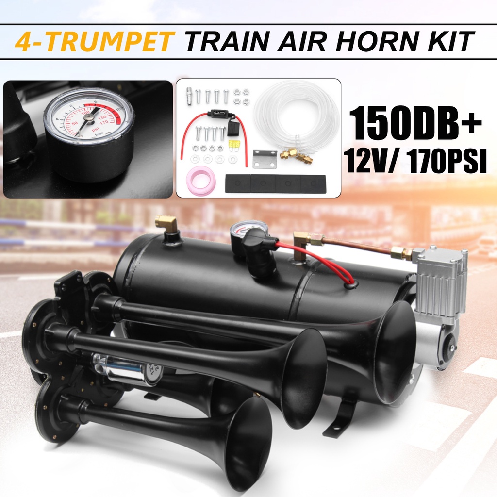 150psi 150DB 4 小號火車喇叭套件超響,帶 12V 空氣壓縮機,適用於車輛卡車汽車 SUV 船火車喇叭喇叭