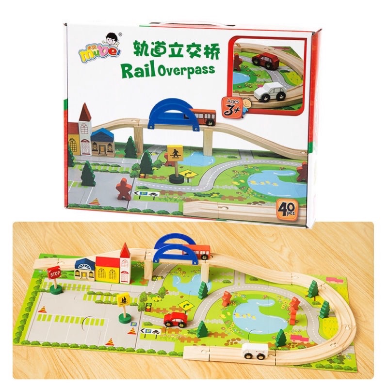 木製火車軌道組附道路拼圖玩具火車二手玩具