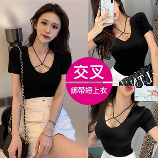 【JS 姊妹時代】【MO20081】韓系性感V領修身交叉低胸短袖T恤上衣