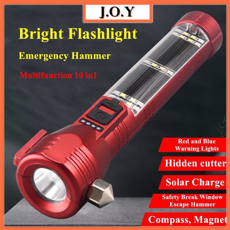 J.o.y 太陽能手電筒帶安全錘 USB 可充電超亮手電筒 LED 手電筒多功能戶外車載手電筒 COB 野營燈 013