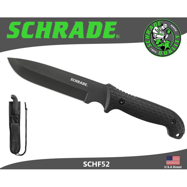 美國Schrade直刀6mm厚1095高碳鋼TPE壓花握柄附打火棒磨刀石尼龍刀袋【SCHF52】