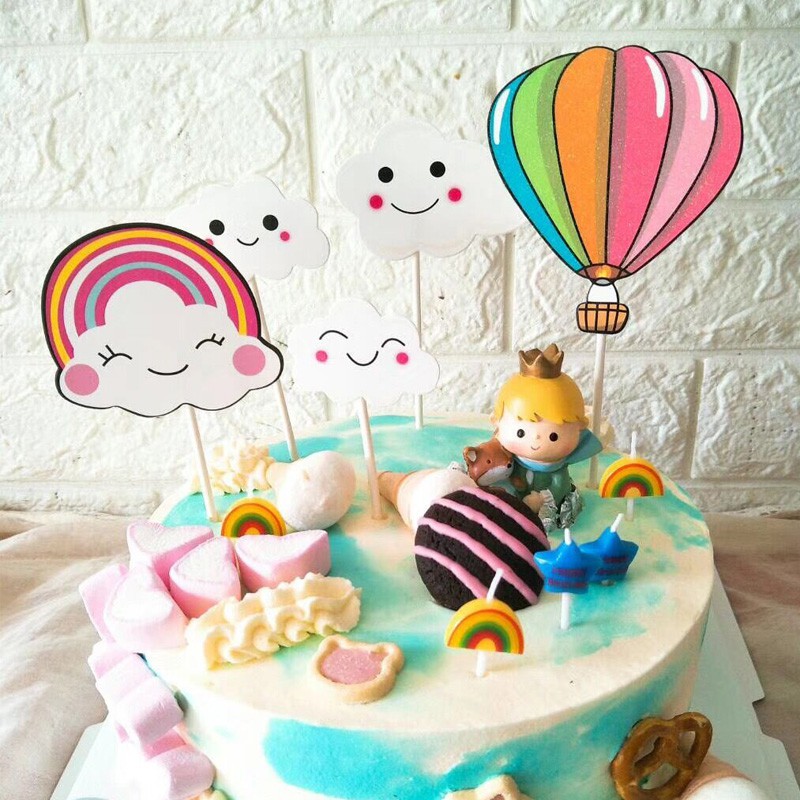 ☀孟玥購物☀ 5件套 熱氣球 彩虹 雲朵 蛋糕插牌裝飾   甜點台裝飾 蛋糕裝飾 蛋糕插牌
