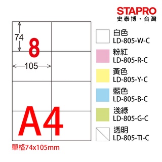 龍德 三用列印電腦標籤 A4 8格 LD-805 白色/淺綠/粉紅/黃色/藍色/透明 20張/包｜史泰博
