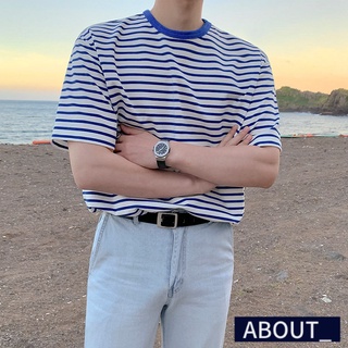 【ABOUT_歐巴】寬鬆圓領條紋短袖T恤 韓 短袖上衣 半袖T恤 夏季 ins 男