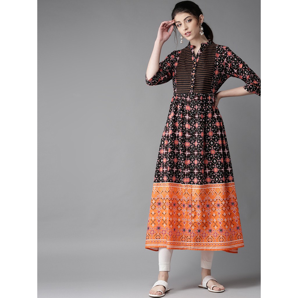 【Lakshmi 各國好物 印度】印度品牌 黑色&amp;橘色印花宮廷風洋裝