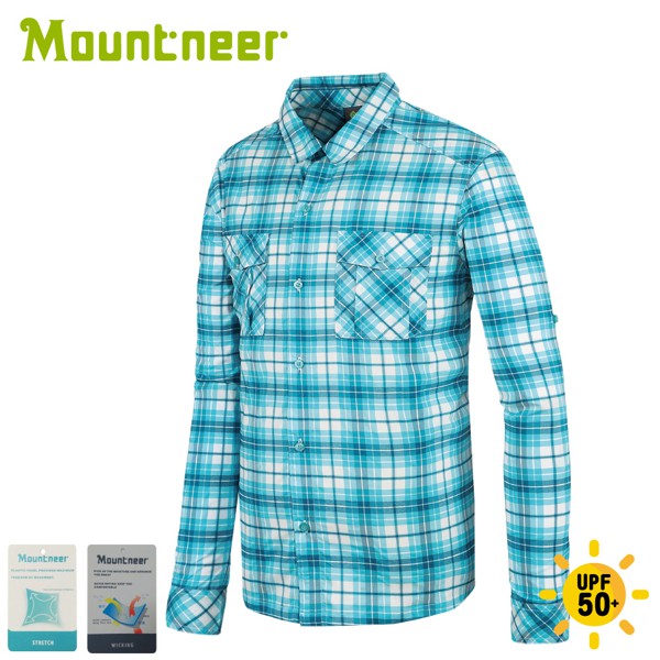 【Mountneer 山林 男 彈性抗UV格子長袖襯衫《海洋綠》】31B05/薄長袖/防曬襯衫/悠遊山水