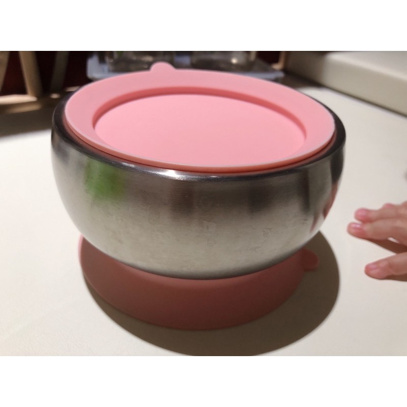 二手 美國little.b 316雙層不鏽鋼吸盤碗 含蓋 甜美粉色