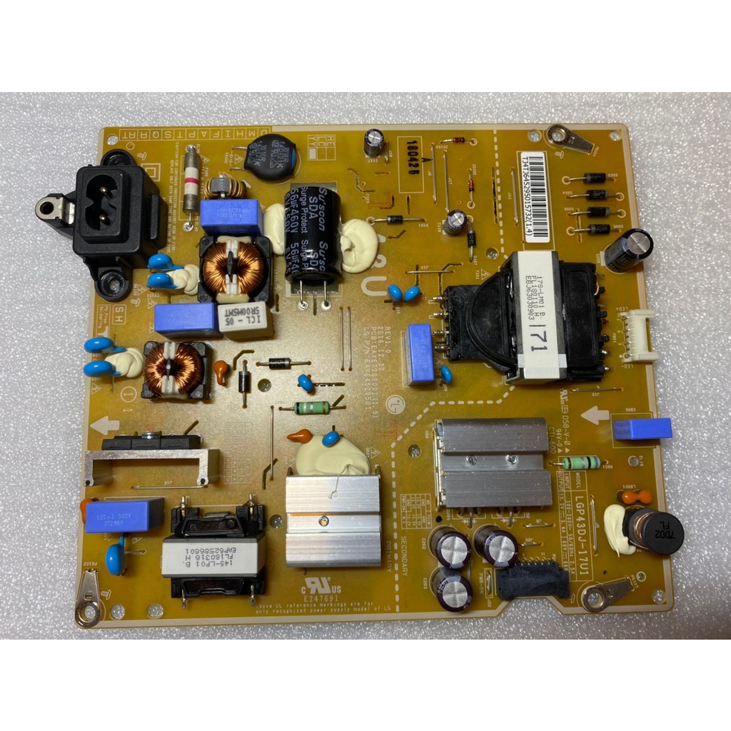 [二手]LG樂金43UK6320PWE 電源板 不過電 背光電壓無輸出 開機自動關機 開機黑屏LGP43DJ-17U1