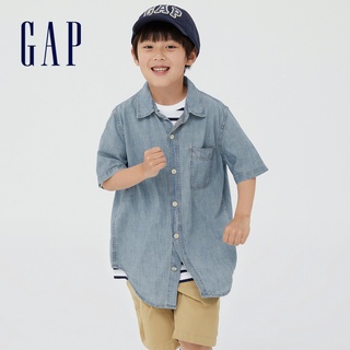Gap 男童裝 純棉翻領短袖牛仔襯衫-淺藍色(876440)