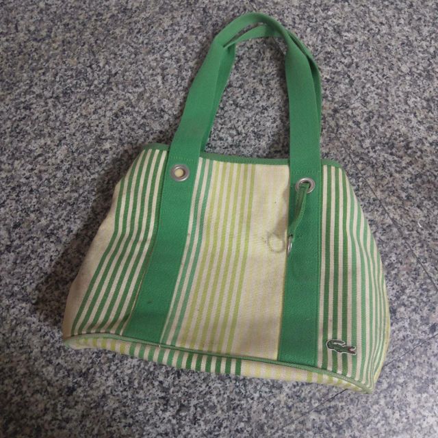 Lacoste拉科斯特鱷魚直條紋綠色側背包/購物袋