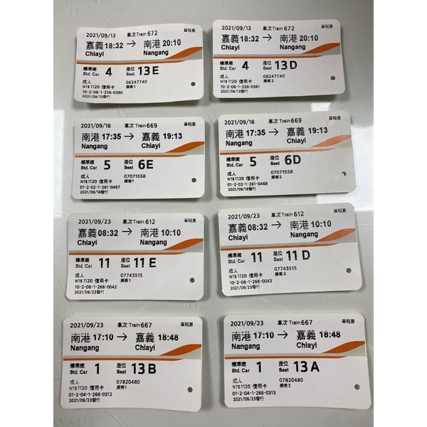 高鐵票根2021 嘉義-南港來回 9/13、9/18、9/23  2021年 9月（收藏用）