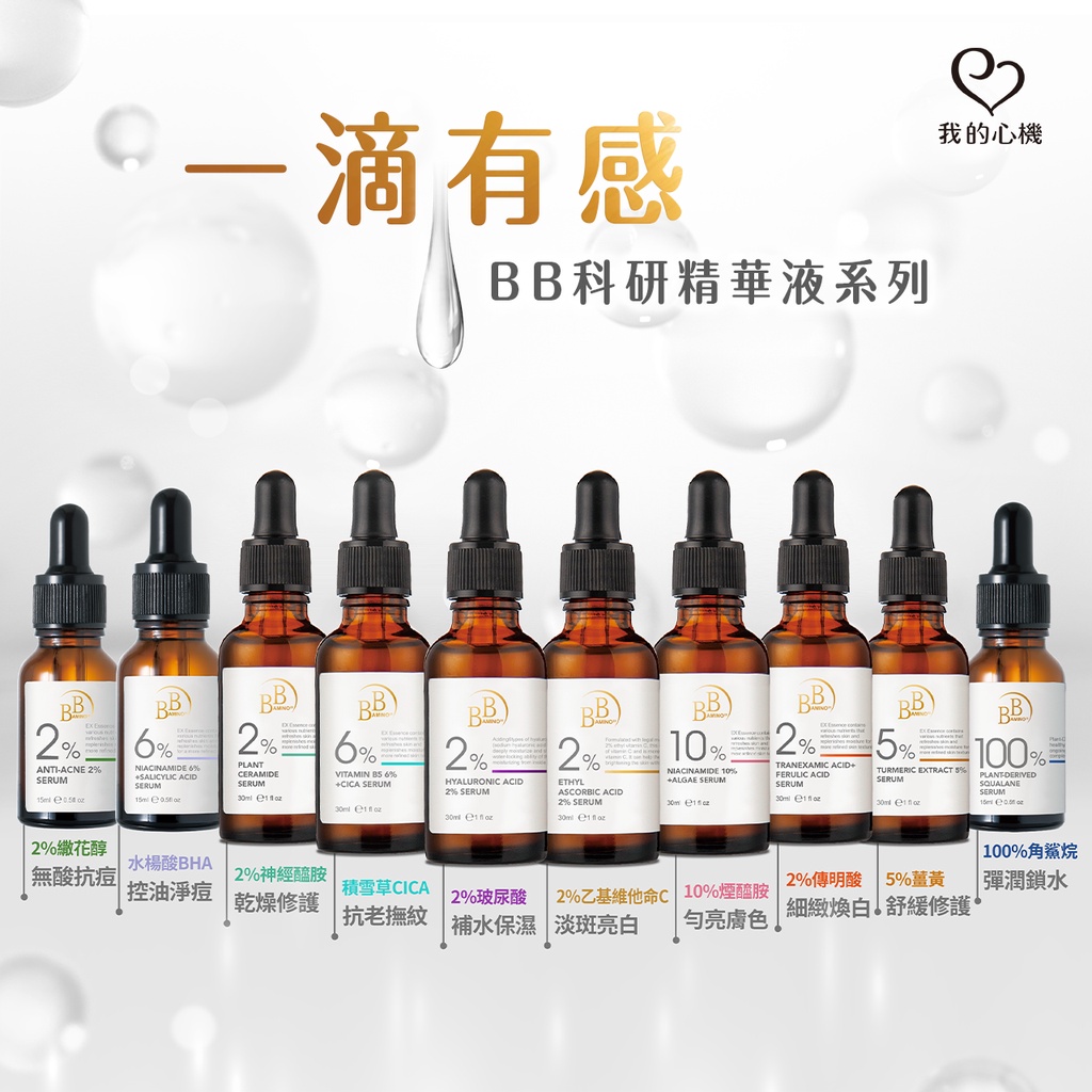【BB Amino】科研精華液(玻尿酸/維他命C/積雪草/水楊酸/神經醯胺/煙醯胺/傳明酸/角鯊烷/膠原蛋白/A醇)