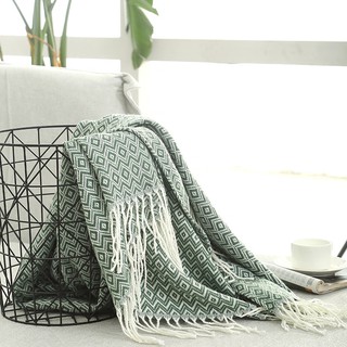在台寄出 北歐現代幾何綠格紋 流蘇 針織沙發毯 針織毯 裝飾毯 民宿床尾毯 摩洛哥風 沙發毯 波西米亞風 毯子 被子 流