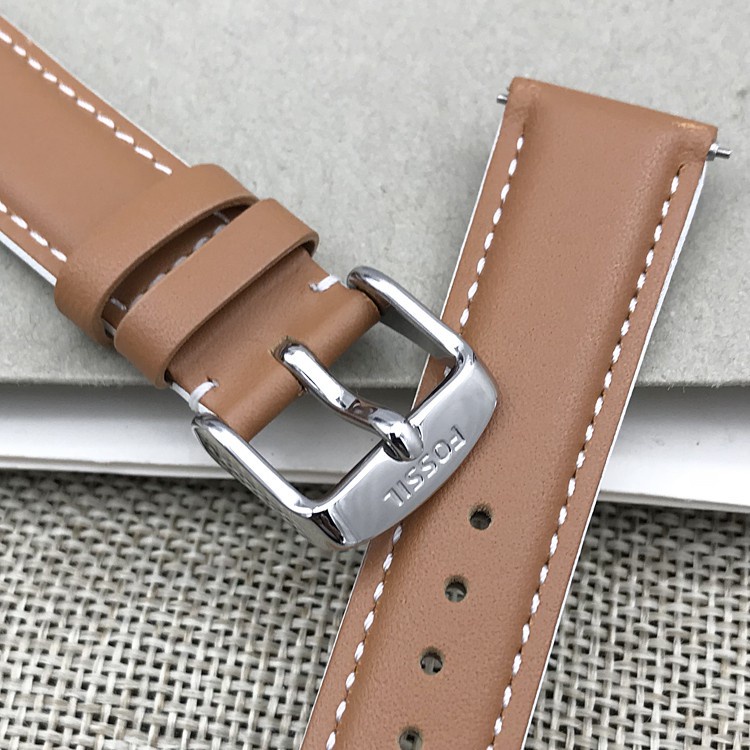 FOSSIL錶帶18mm頭層牛皮棕色白底手錶配件通用錶帶