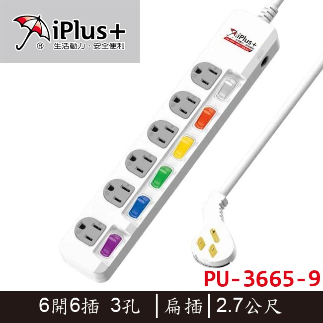 【3CTOWN】含稅附發票 保護傘iPlus+ PU-3665-9 6開6插 3孔 扁插 電源延長線 2.7M(9呎)