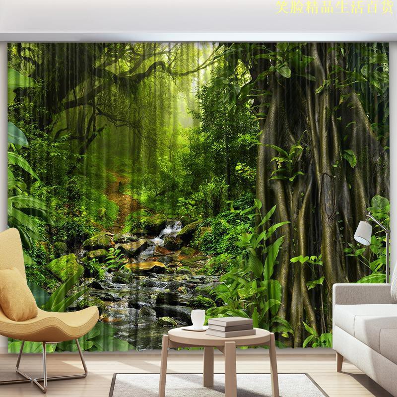現代森林遮光窗簾大樹綠化風景圖客廳落地窗山林小路背景佈隔斷簾
